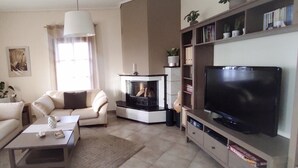 A living room with a sofa, coffee table, fireplace, television, and bookshelf. - Gorgeous 3 bedrooms Apartment in Pilio (South Pelion)