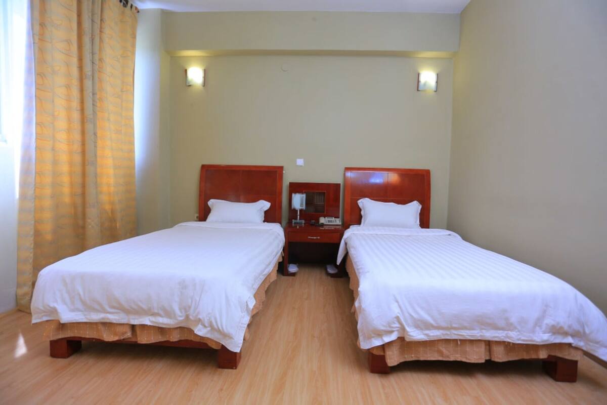 A hotel room with two single beds, wooden headboards, a nightstand with a lamp, and a mirror.