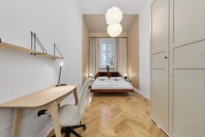 1 bedroom, desk, iron/ironing board, travel cot