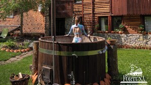 Una cabaña de troncos con jacuzzi, rodeada de plantas en macetas y un muro de piedra.