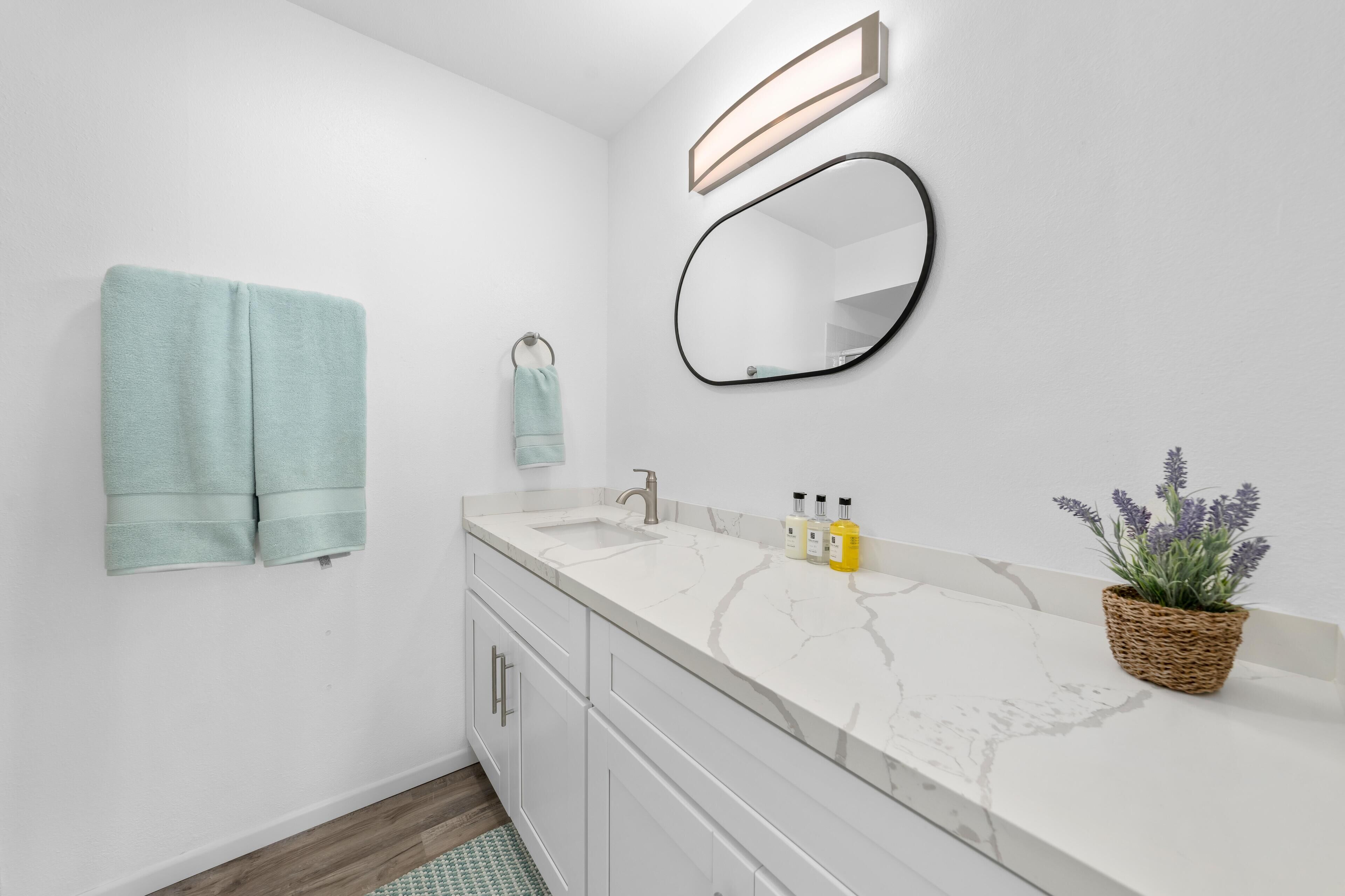 A bathroom with a white vanity, a round mirror, and a potted lavender plant.