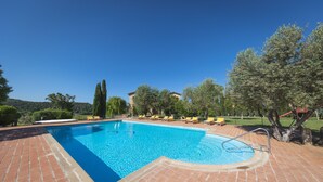 Una piscina rectangular con borde de ladrillo, rodeada de sillas reclinables amarillas y un área verde con árboles.