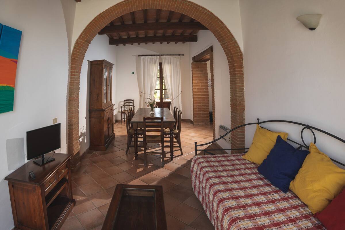 A room with a bed, a TV, a dining table, and chairs.
