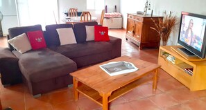 A living room with a brown sofa, a wooden coffee table, and a television on a wooden stand. - Les Cigales Appart-Villa for 2 pers. At Doors of Avignon , in Provence (Vedène)
