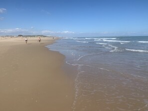 On the beach, sun loungers, beach towels