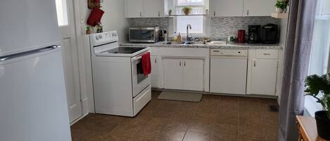 Una cocina con armarios blancos, un refrigerador de acero inoxidable, un microondas y una estufa. Hay una ventana sobre el fregadero y una planta en maceta sobre la encimera.