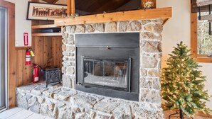A stone fireplace with a black glass door, a small Christmas tree with lights, and a fire extinguisher on the left. - Ready to ski? This is the place to be! Check out Ski Ride Inn!! (Canaan Valley)