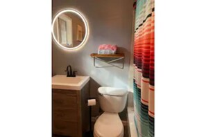 Douche, sèche-cheveux, serviettes fournies, savon