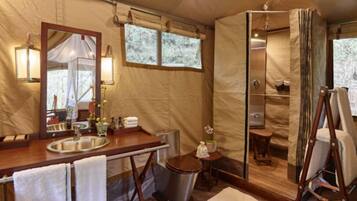 Luxury Tent, Patio (Suite) | Bathroom | Shower, rainfall showerhead, free toiletries, hair dryer
