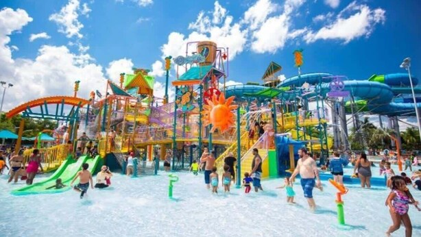 A water park with various slides and water features.