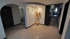A modern hallway with a curved ceiling, a large vase with tall grasses, and a staircase in the background. - My house in Santa Barbara! (Bogotá)