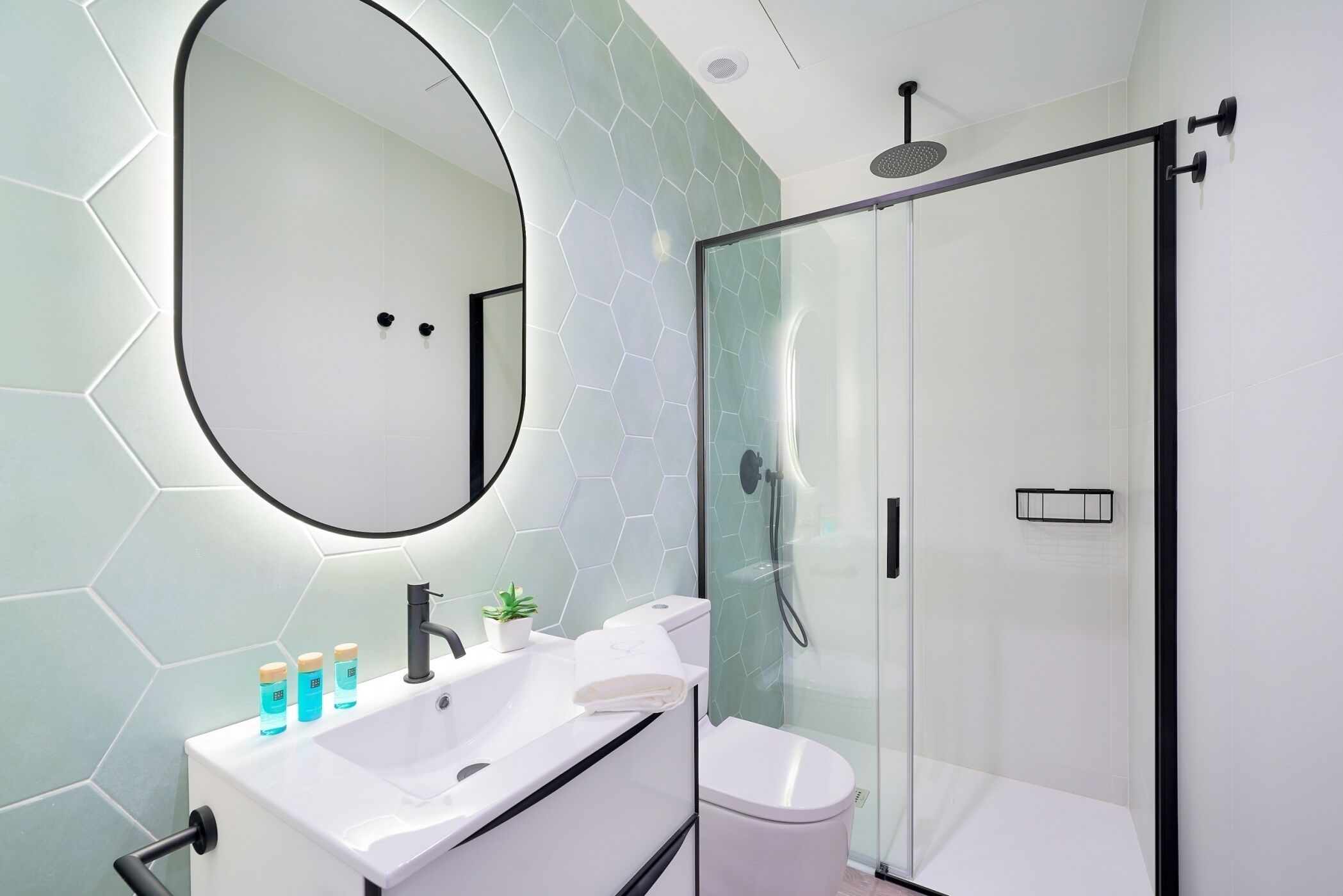 Douche, sèche-cheveux, serviettes fournies