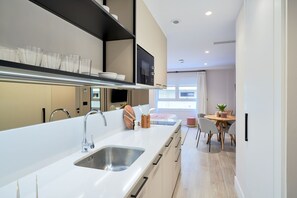 Fridge, microwave, coffee/tea maker, toaster