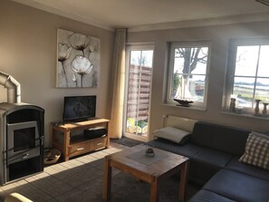 TV connectée, cheminée, livres