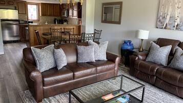 Télévision à écran plat, cheminée, lecteur de DVD