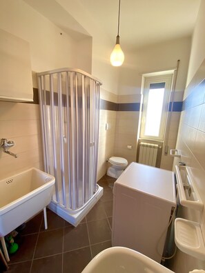 Shower, hair dryer, bidet, towels