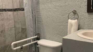 Shower, free toiletries, towels, soap