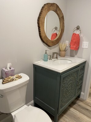 Hair dryer, towels, soap, shampoo