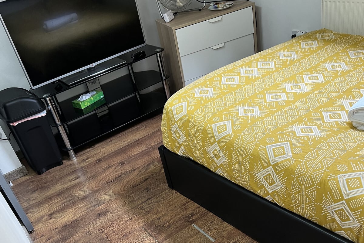 A bedroom with a bed, a TV, a fan, a dresser, and a trash bin.