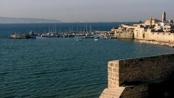 Un pueblo costero con un muro de piedra histórico, un puerto con barcos y una torre destacada.