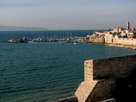 Un pueblo costero con un muro de piedra histórico, un puerto con barcos y una torre destacada.