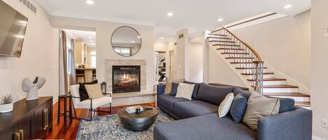 TV, fireplace, offices, computer monitors