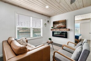 Smart TV, fireplace, books, music library