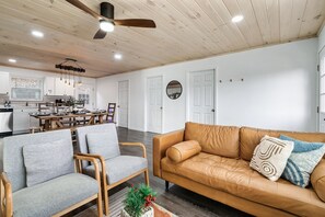 Smart TV, fireplace, books, music library