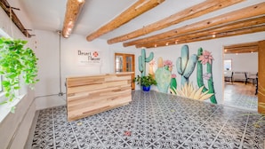 Un espace d’accueil avec un bureau en bois, une fresque représentant un cactus, des carreaux de sol à motifs et une enseigne indiquant « Desert Flower Boutique Hotel ».