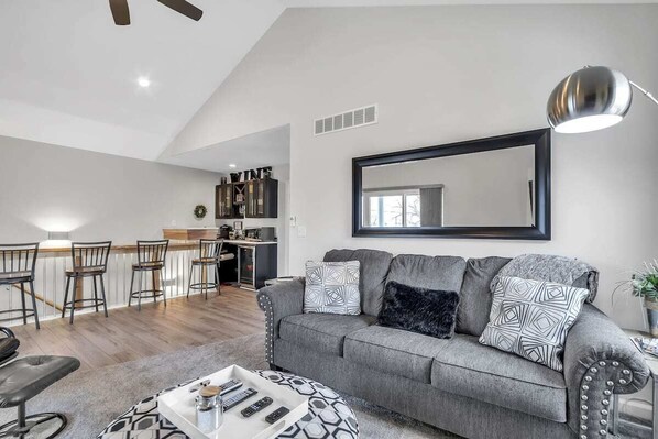 Älytelevisio, takka, kirjoja, videokirjasto