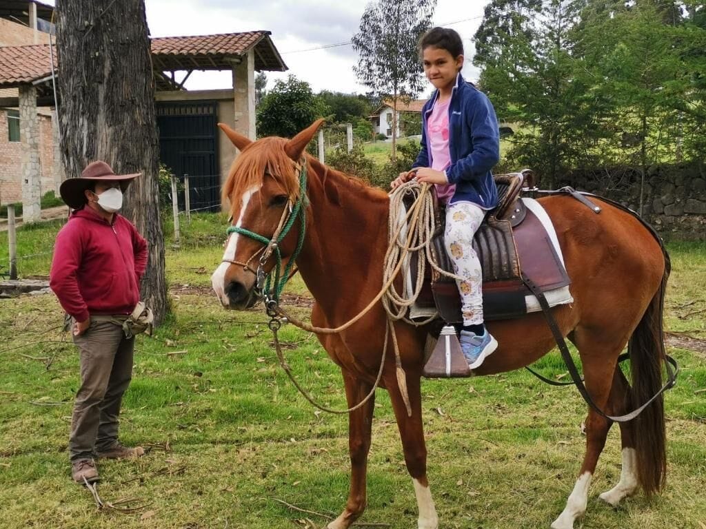 Eine Person reitet auf einem Pferd durch eine grüne Landschaft, im Hintergrund ist ein Gebäude zu sehen.