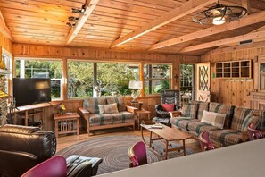 Smart TV, fireplace, books