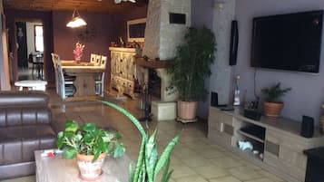 Télévision, cheminée, livres