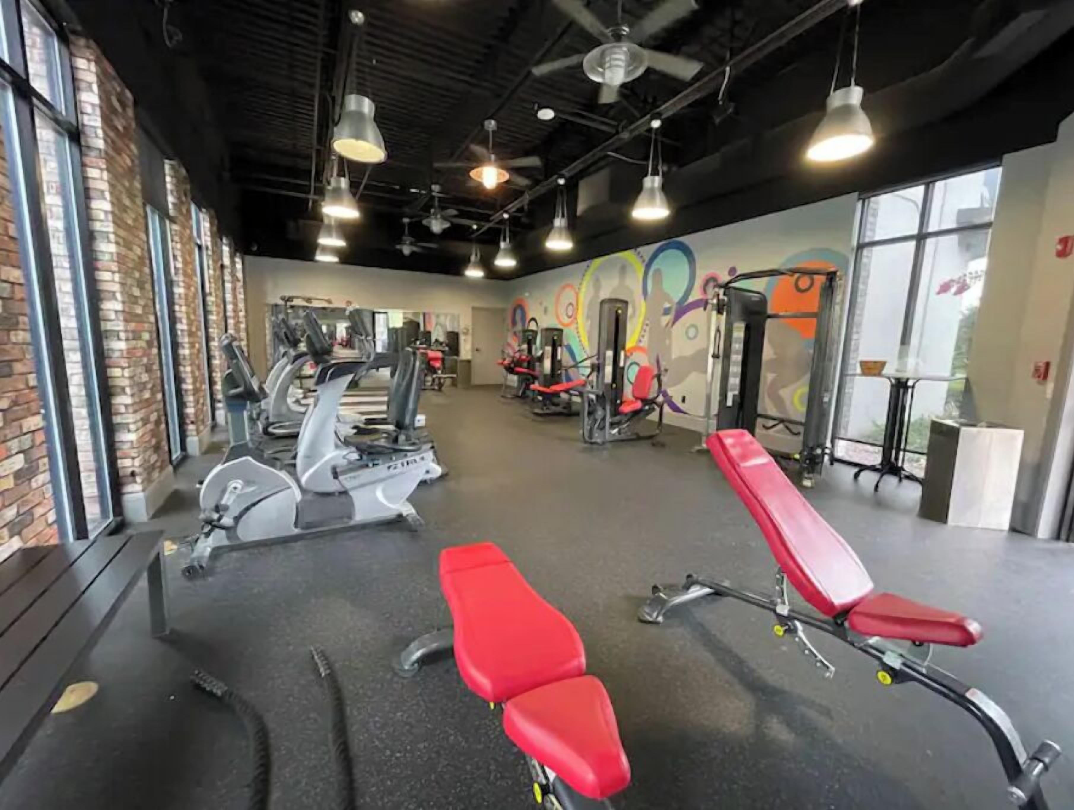 A gym with treadmills, red benches, and weight machines.