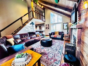 TV, fireplace, books