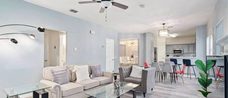 TV, fireplace, table football, ping pong