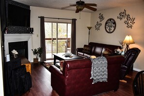 Smart TV, fireplace, video games, DVD player