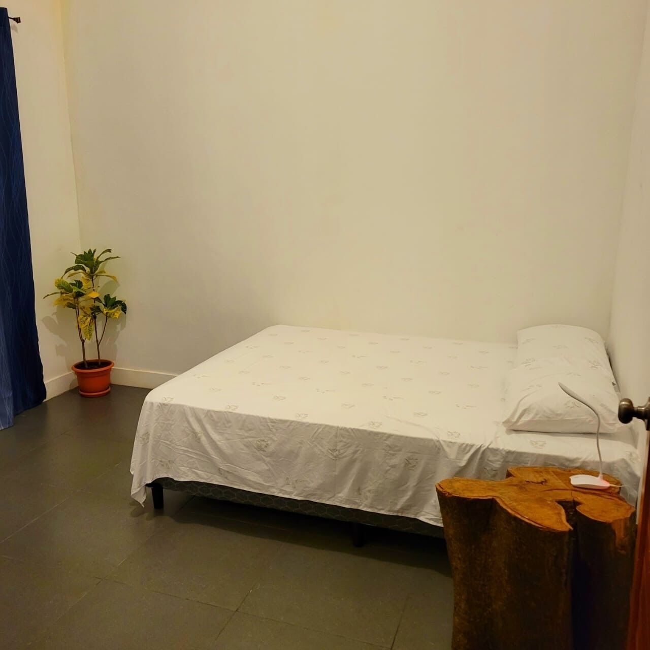 A small, neatly made bed with a white bedspread and pillows, a potted plant, and a wooden stool in a simple room with plain walls and a tiled floor.