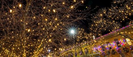 A street lined with trees decorated with lights, a brick building with colorful lights, and parked cars.