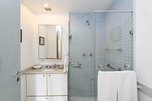 Secador de cabelo, toalhas de banho, papel higiênico