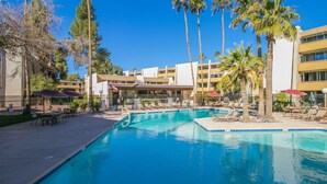 A pool area with lounge chairs and umbrellas, surrounded by palm trees and a multi-story building. - Modern and Sophisticated Old Town Scottsdale Gem! (Scottsdale)