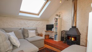 Una sala de estar acogedora con una pared de piedra, un techo alto con tragaluz, chimenea, sofá y televisor.
