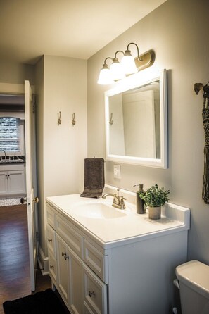 A bathroom with a white sink, a mirror, a towel, a plant, and a toilet. - ❤Beautifully Renovated Lancaster Apt❤ (Lancaster)
