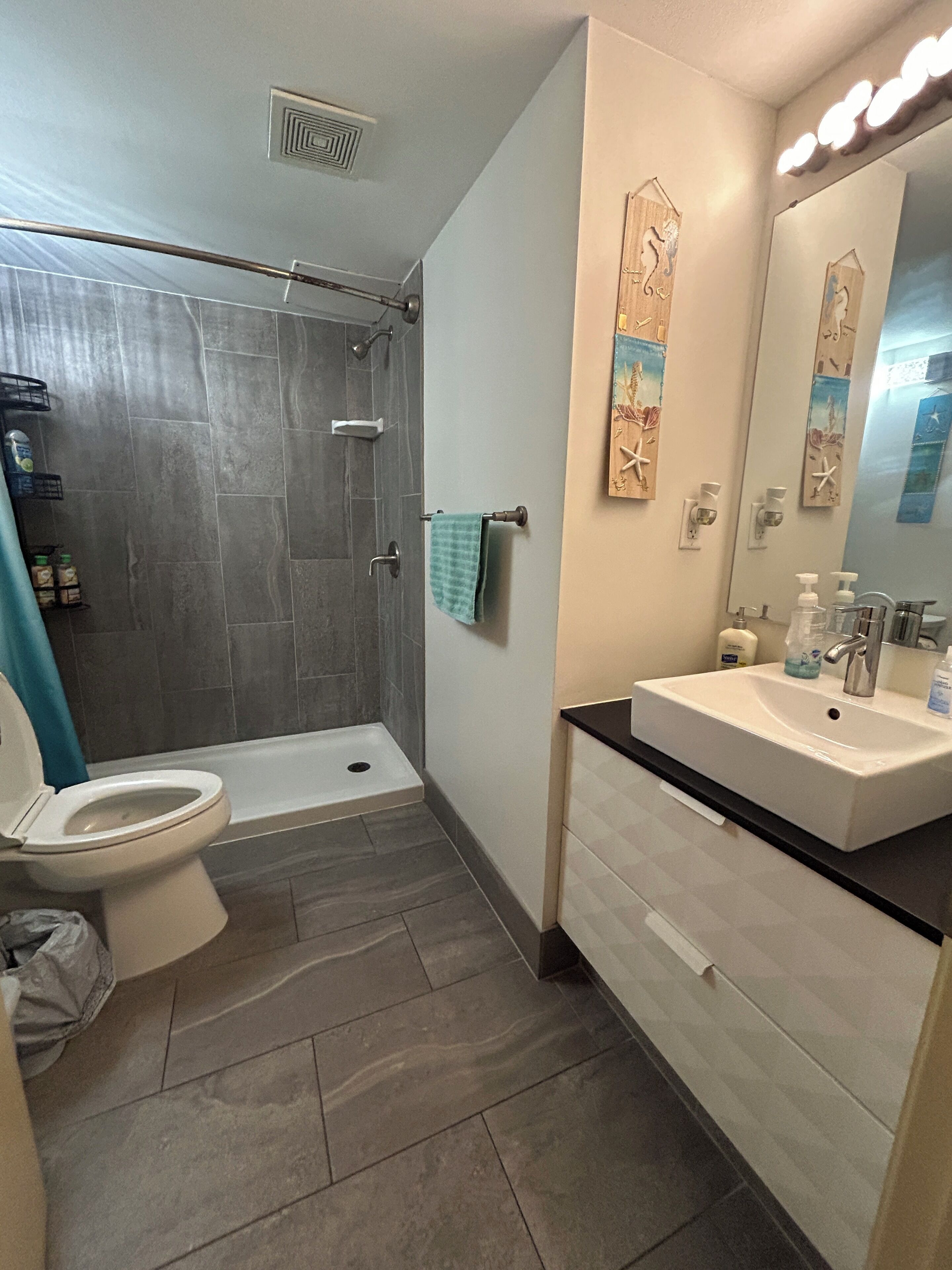 Un bagno moderno con doccia, servizi igienici e lavabo.