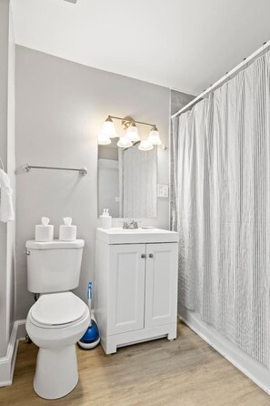 Secadora de cabello, toallas, shampoo, papel de baño 