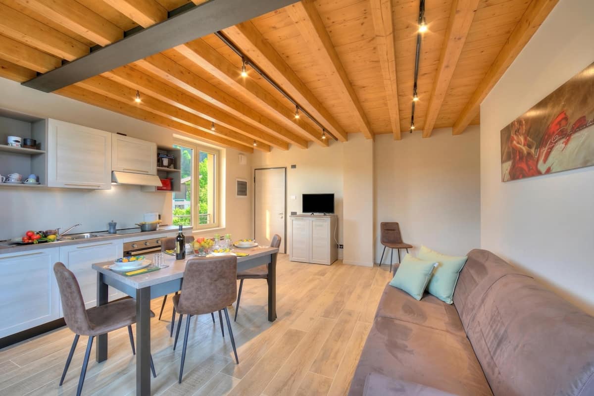 A modern kitchen with wooden beams, a dining area with chairs, a sofa, and a TV in the living room.