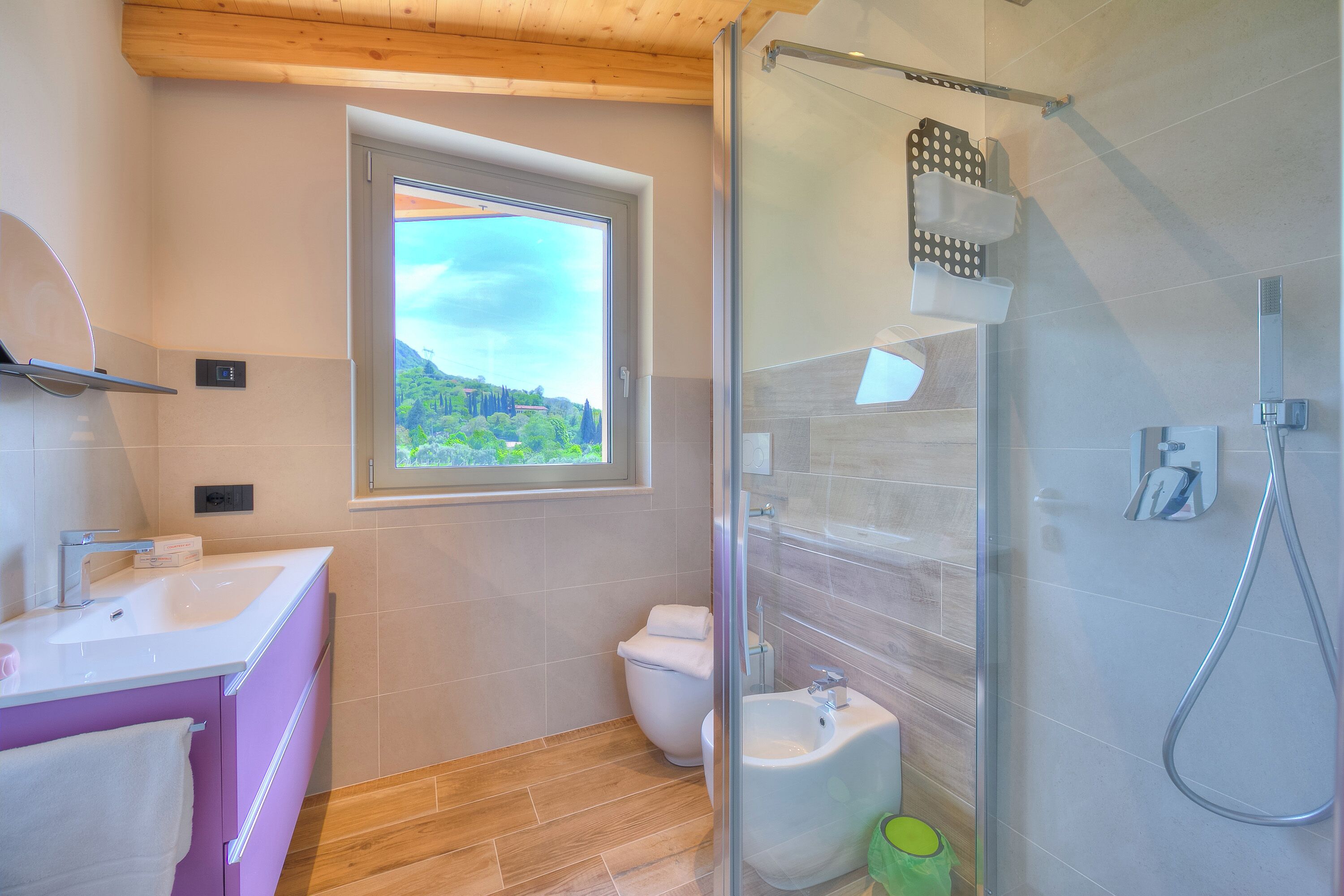 Une salle de bain moderne avec une douche en verre, des toilettes, un lavabo et une fenêtre donnant sur un paysage verdoyant.