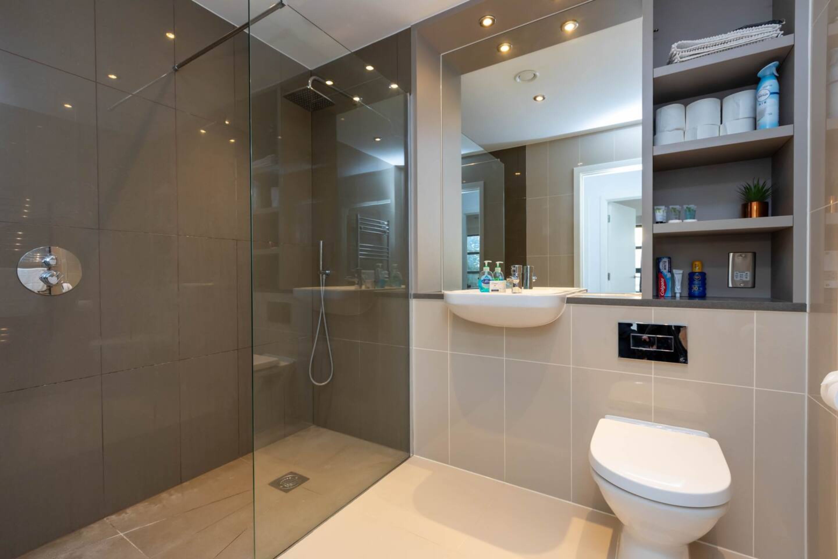 Appartement de base, 1 très grand lit | Salle de bain | Douche, serviettes fournies, savon, shampooing