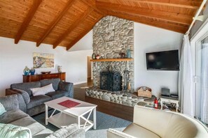 Smart TV, fireplace, books