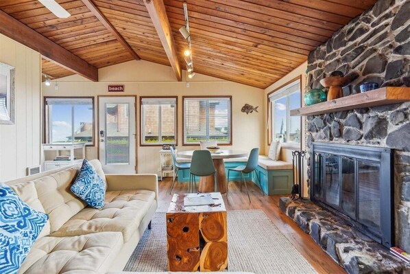 Télévision, cheminée, livres, chaîne hi-fi